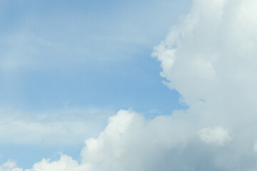 Natural background of fluffy white clouds on blue sky 