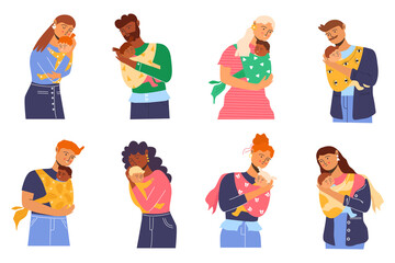 Collection of different people. Young parents. Mom with a baby. Dad with baby. Vector illustration.