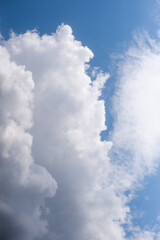 Bottom view of white cumulus clouds on sky 