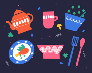 A set of different kitchen utensils. Bright abstract tableware. Vector illustration.