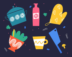 A set of different kitchen utensils. Bright abstract tableware. Vector illustration.