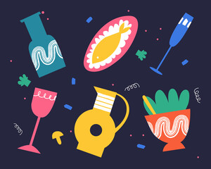 A set of different kitchen utensils. Bright abstract tableware. Vector illustration.