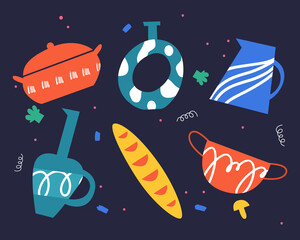 A set of different kitchen utensils. Bright abstract tableware. Vector illustration.