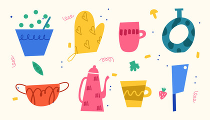 Collection of different dishes. Cartoon bright dishes. Vector illustration.
