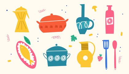 Collection of different dishes. Cartoon bright dishes. Vector illustration.
