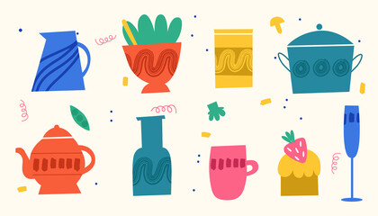 Fototapeta na wymiar Collection of different bright fashionable tableware. Vector illustration in doodle style.