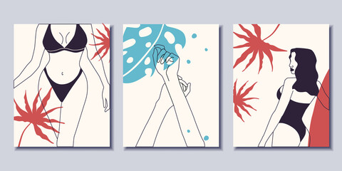 A set of minimalist posters. Modern Art. Woman in a swimsuit. Vector illustration.