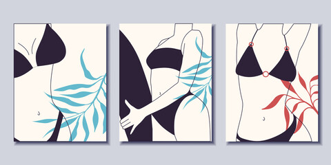 Set of fashion posters. Women in a swimwear. Minimalism. Vector illustration.