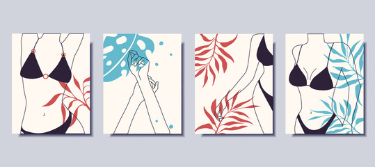 A set of minimalist posters. Modern Art. Woman in a swimsuit. Vector illustration.