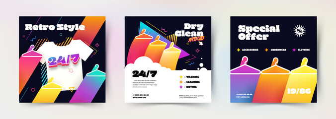 Social media story clothes shop identity vector coupon template. 90s style clothes store or dry clean square web banner set. Wear special offer store booklets collection