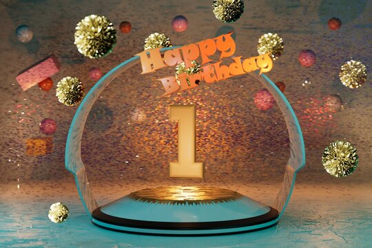 abstract background with patterns of spheres in golden color sparkles. a pedestal with a large golden illuminated number 1 with an arch on which is the inscription happy birthday. 3d render. 3d illust
