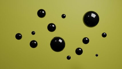 Abstract 3D render of composition with black spheres on yellow background