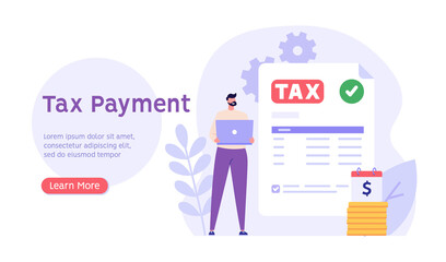 Successful businessman cuts heavy taxes with scissors. Tax deduction. Concept of tax return, optimization, duty, financial accounting. Vector illustration in flat design for UI, banner, mobile app