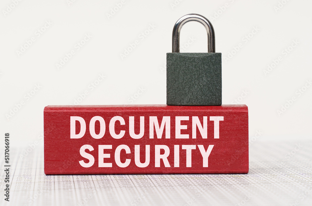 Poster On the reports there is a red block with the inscription - Document Security and a lock.