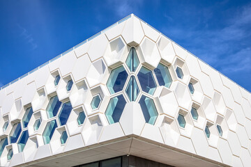 Closeup of modern facade of geometric architecture
