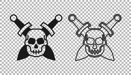 Black Crossed medieval sword with skull icon isolated on transparent background. Medieval weapon. Vector