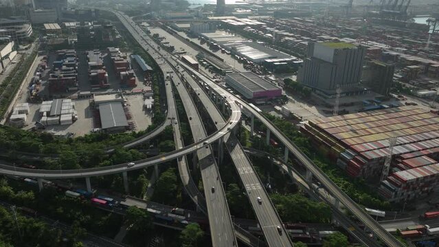 Aerial footage of  traffic on modern viaducts in Shenzhen city, China,Hyperlapse