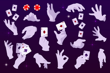 Set of hand poses. Magician with cards. Casino style. Chips. Cartoon vector illustration.