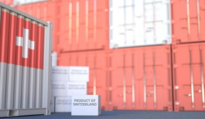 PRODUCT OF SWITZERLAND text on the cardboard box and cargo terminal full of containers. 3D rendering