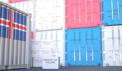 PRODUCT OF ICELAND text on the cardboard box and cargo terminal full of containers. 3D rendering