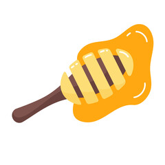 Wooden honey stick or spoon. Vector illustration in cartoon style on a white background. Under the spoon spreads transparent liquid golden honey. Traditional food utensil. 