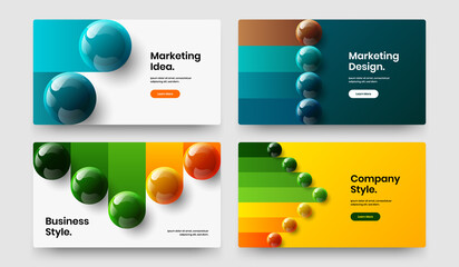 Bright company brochure design vector layout bundle. Minimalistic realistic balls landing page concept set.