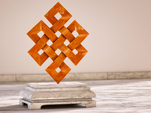 Endless Knot, Buddhist symbol. 3D illustration of the Buddhist symbol - Endless Knot - made of wood on a marble base in a warm lighting environment.