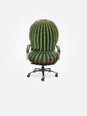 A Green Cactus like office chair on pastel white background. Uncomfortable office chair. Creative...