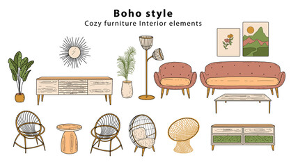 Scandinavian furniture Interior elements Boho style. Cozy home environment for the living room. Hand-drawn doodle style elements. Vector illustration
