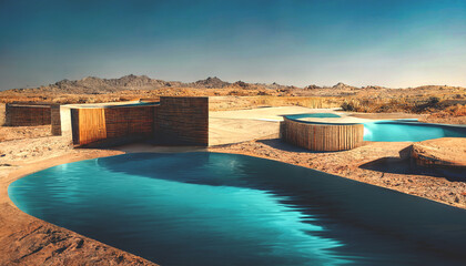 Fototapeta na wymiar Sea water pool in the middle of a sandy desert. Rest in an oasis. Desert landscape at sunset with a swimming pool. 3D illustration.