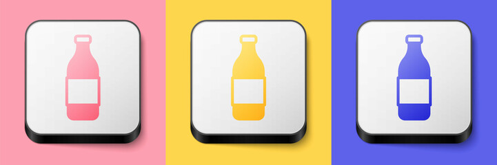 Isometric Bottle of wine icon isolated on pink, yellow and blue background. Square button. Vector