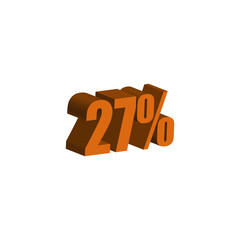 27 percent 3D orange text. 27% 3D text on white background. Twenty-seven percent Special offer, discount and percentage tag vector