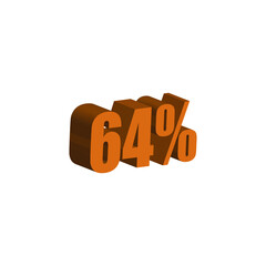 64 percent 3D orange text. 64% 3D text on white background. Sixty-four percent Special offer, discount and percentage tag vector