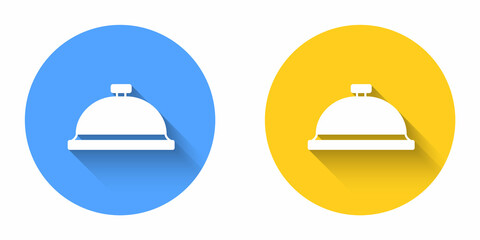 White Covered with a tray of food icon isolated with long shadow background. Tray and lid sign. Restaurant cloche with lid. Circle button. Vector