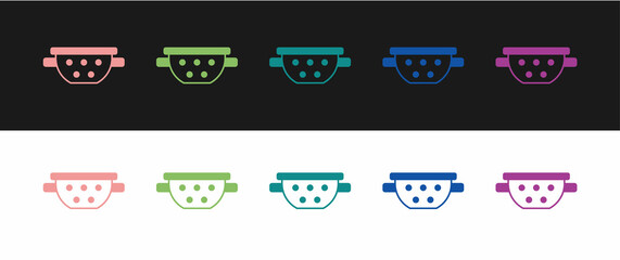 Set Kitchen colander icon isolated on black and white background. Cooking utensil. Cutlery sign. Vector