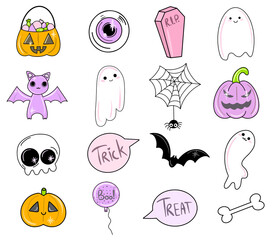 Cute vector set with Halloween illustrations. Smiling and funny cartoon characters: pumpkin, ghost, cat, bat. Stickers, icons, design elements