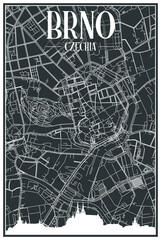 Dark printout city poster with panoramic skyline and hand-drawn streets network on dark gray background of the downtown BRNO, CZECHIA