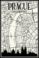 Light printout city poster with panoramic skyline and hand-drawn streets network on vintage beige background of the downtown PRAGUE, CZECHIA
