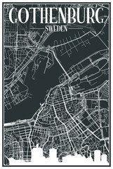 Dark printout city poster with panoramic skyline and hand-drawn streets network on dark gray background of the downtown GOTEBORG (GOTHENBURG), SWEDEN