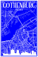 Technical drawing printout city poster with panoramic skyline and hand-drawn streets network on blue background of the downtown GOTEBORG (GOTHENBURG), SWEDEN