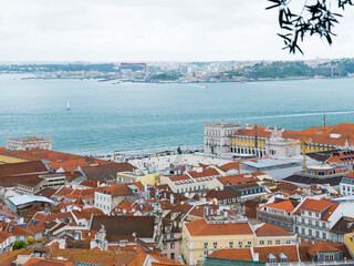 Landscape overlooking the Tajo River and house facade. Lisboa, Portugal.