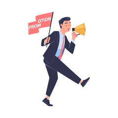 Promotion with Man Character with Flag and Megaphone Announcing New Product as Marketing and Advertisement Campaign Vector Illustration