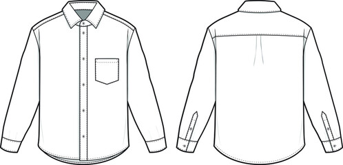 Oxford Collared Button Shirt Long Sleeve Flat Technical Drawing Illustration Blank Streetwear Mock-up Template for Design and Tech Packs CAD