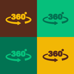 Pop art 360 degree view icon isolated on color background. Virtual reality. Angle 360 degree camera. Panorama photo. Vector