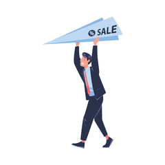 Promotion with Man Character Carrying Paper Plane as Marketing and Advertisement Campaign Vector Illustration