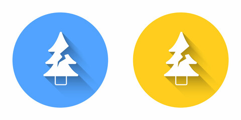 White Tree icon isolated with long shadow background. Forest symbol. Circle button. Vector