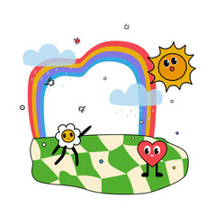 Obraz premium Funny fantasy print. Cartoon characters sun,flower and heart. Vector hand drawn illustration.