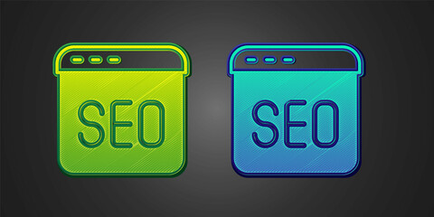 Green and blue SEO optimization icon isolated on black background. Vector