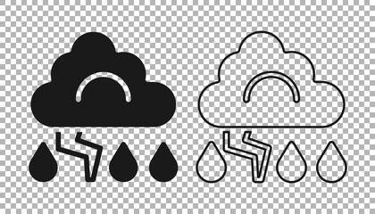 Black Storm icon isolated on transparent background. Cloud and lightning sign. Weather icon of storm. Vector