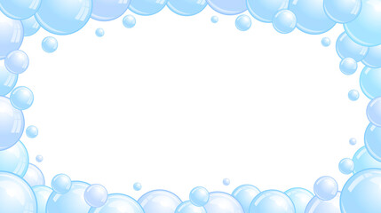 Blue soap bubbles frame. Foam border, suds decorative divider. Soap bubbles pattern. Vector background